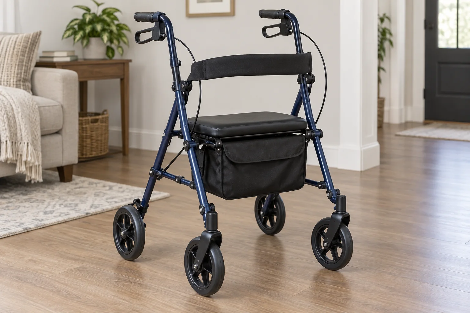 Dark blue four-wheel rollator with adjustable handles, padded seat and storage bag