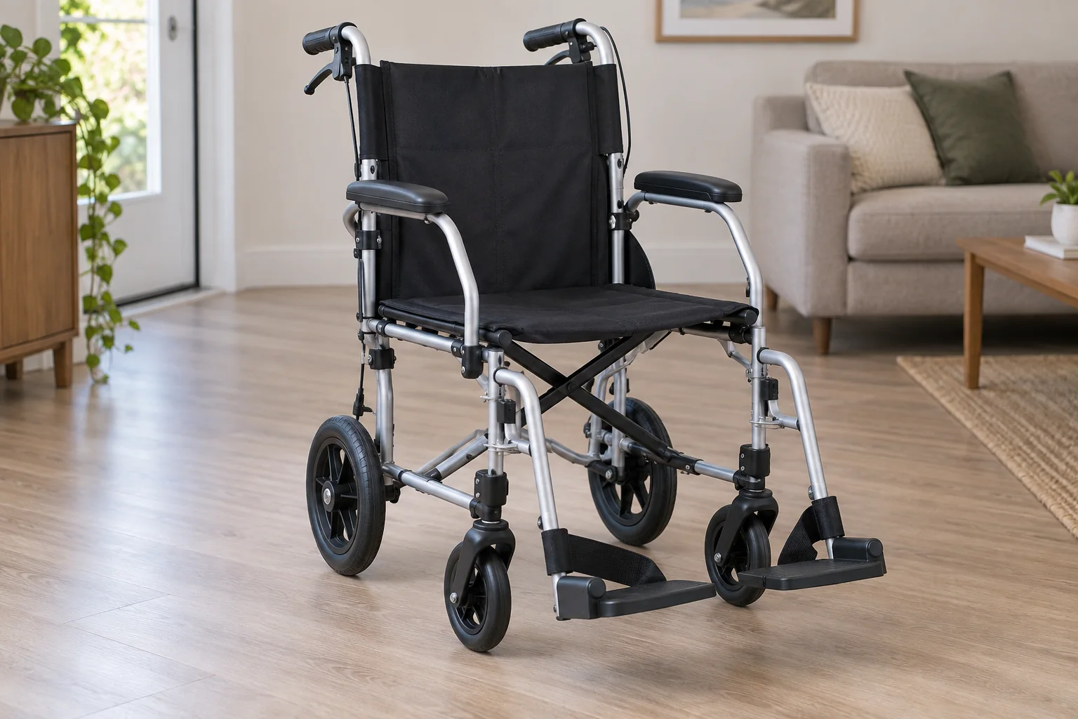 Empty silver transport wheelchair with black seat, push handles and separate footrests