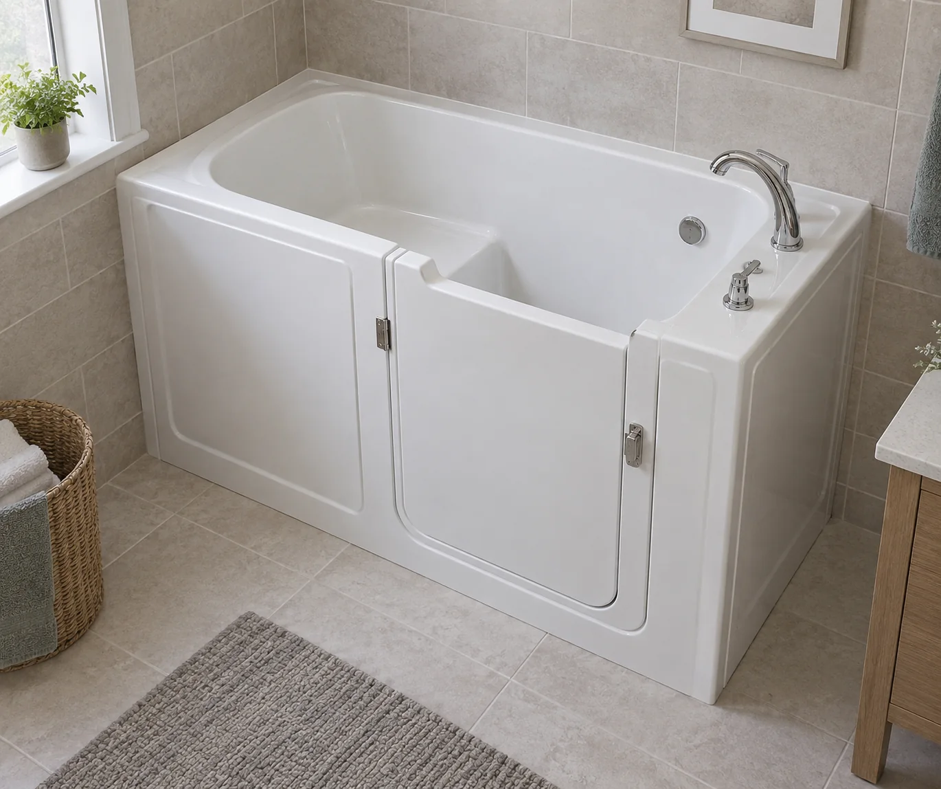White walk-in bathtub with closed side door, built-in seat and chrome faucet