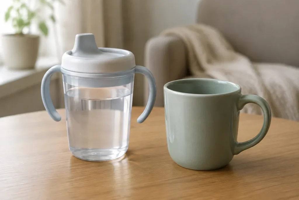 Adult two-handled drinking cup with spout lid and a separate broad-handled mug on a table
