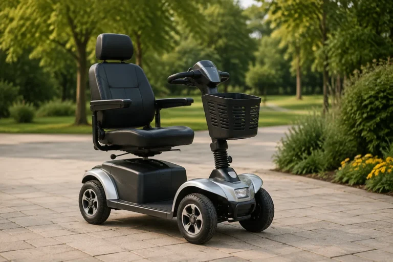 Parked four-wheel mobility scooter with a padded seat, tiller and front basket